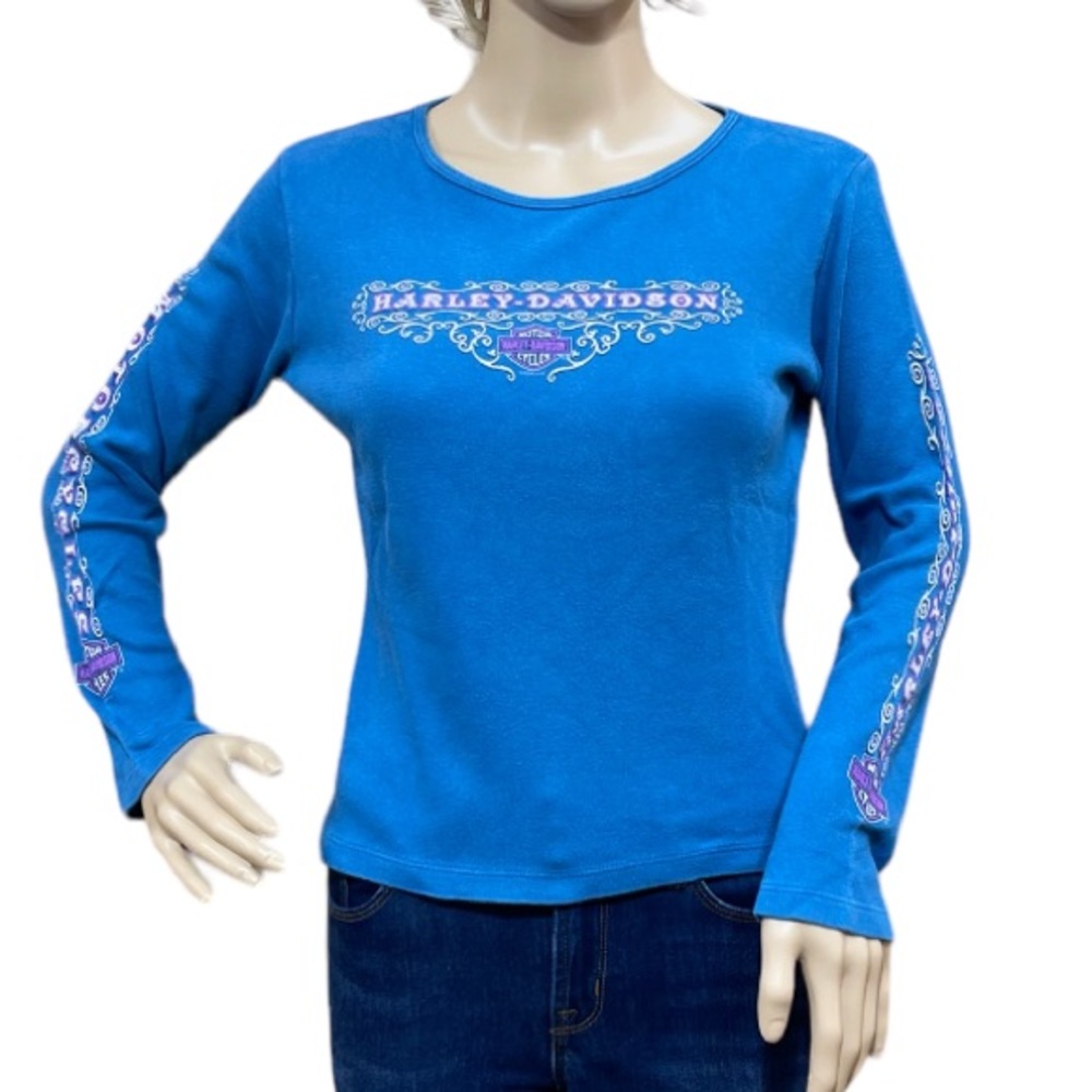 HARLEY-DAVIDSON Women’s Blue Crop Top Long Sleeve Tee Shirt Size Small